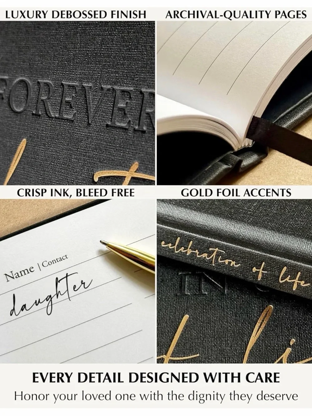 Celebration of Life Guest Book - Black with Gold Script